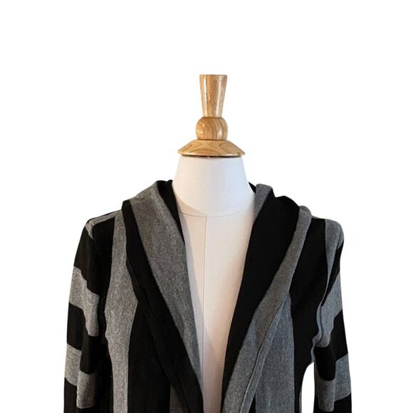 Ya Los Angeles Cotton Blend Black Gray Stripe Long Open Cardigan Sweater Hood L - Picture 2 of 10